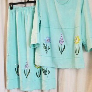 Sea Green Linen Skirt Top  Floral LA Blend